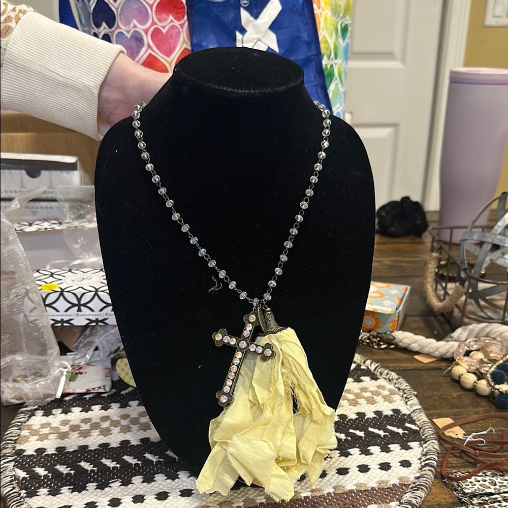 Silver Beaded Necklace with Cross Pendant